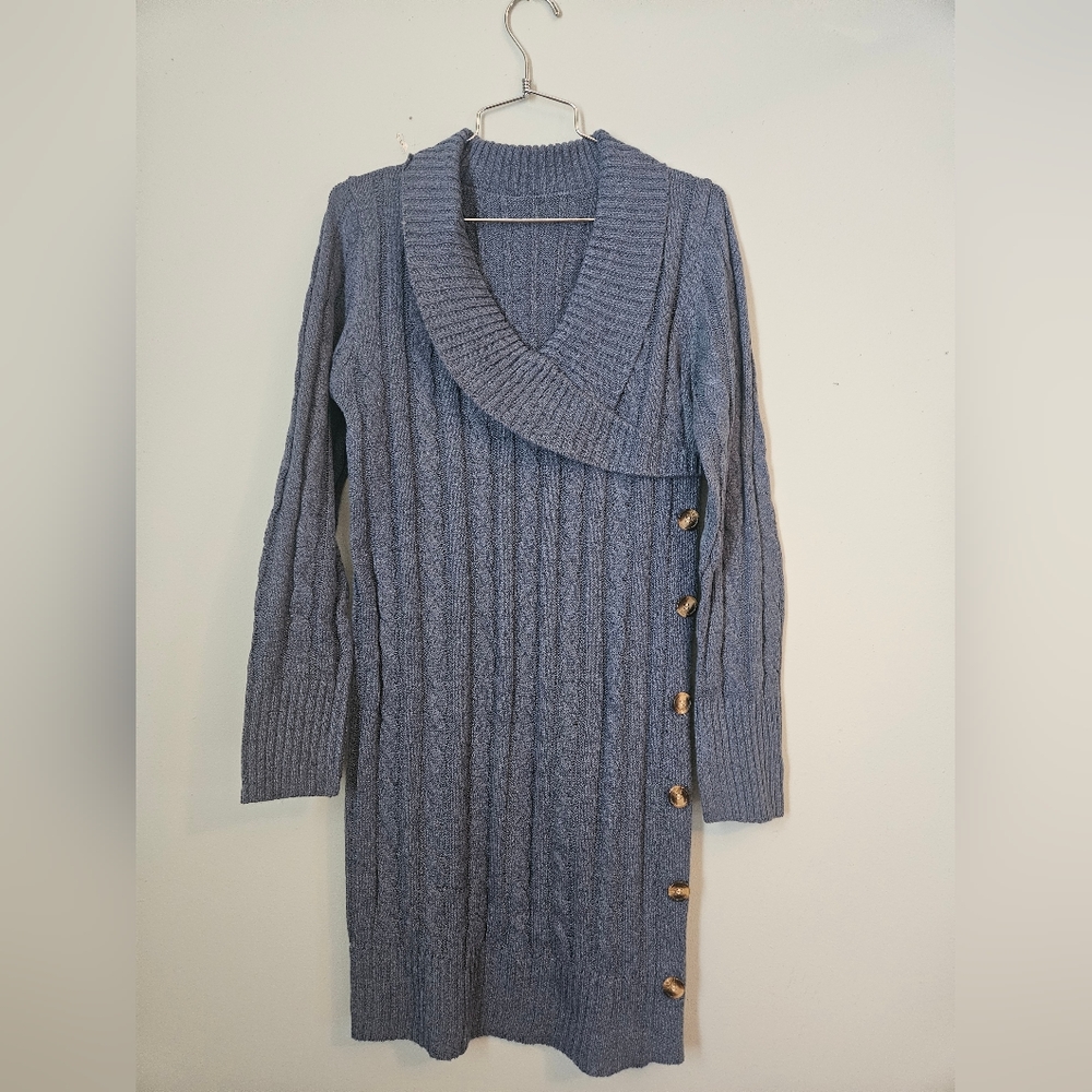 Blue Knit Sweater Dress with Button Detail
